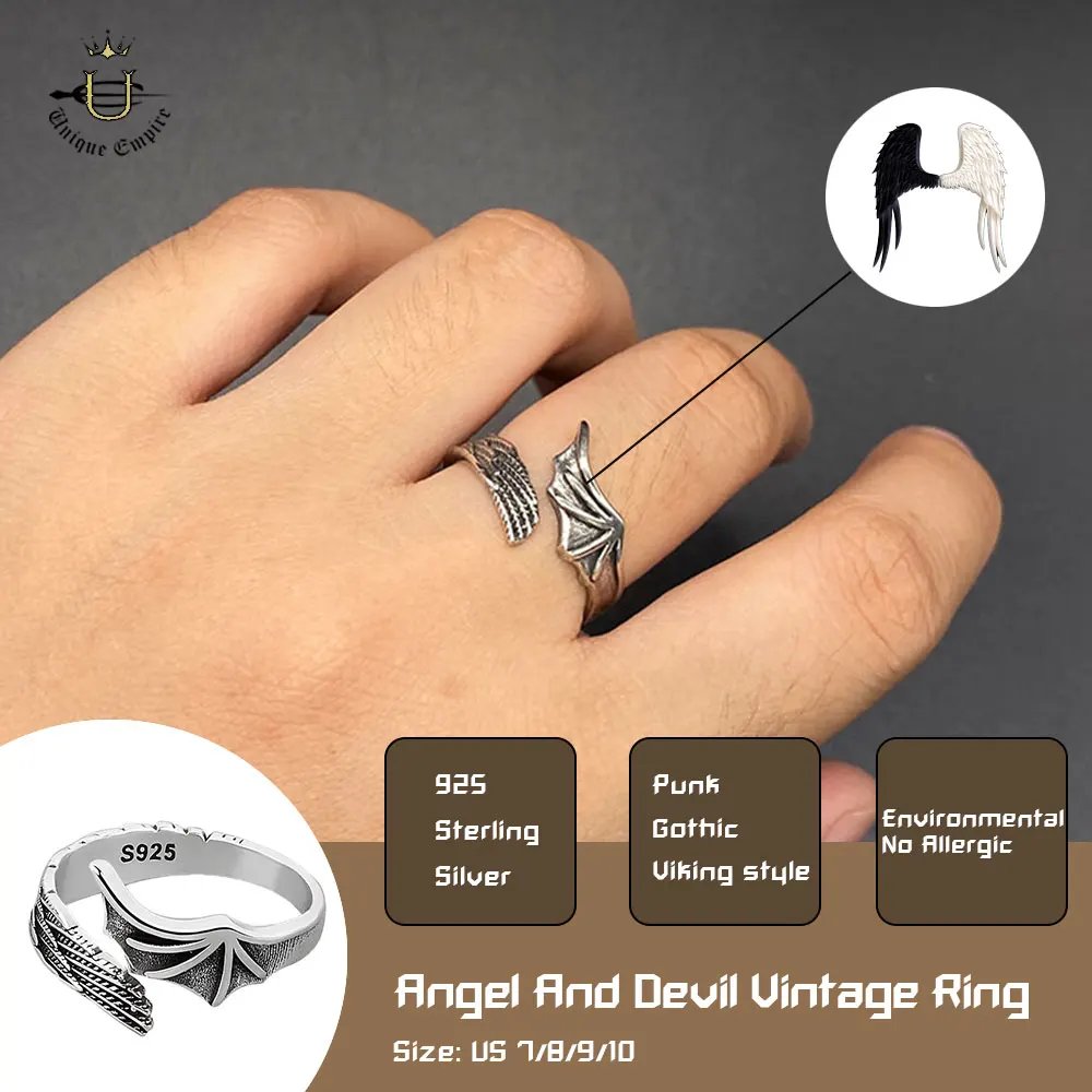 Angel Devil Wings Adjustable Ring, Silver Tone Open Gothic Band, Double Feather Guardian Jewelry, Anniversary Birthday Gift for