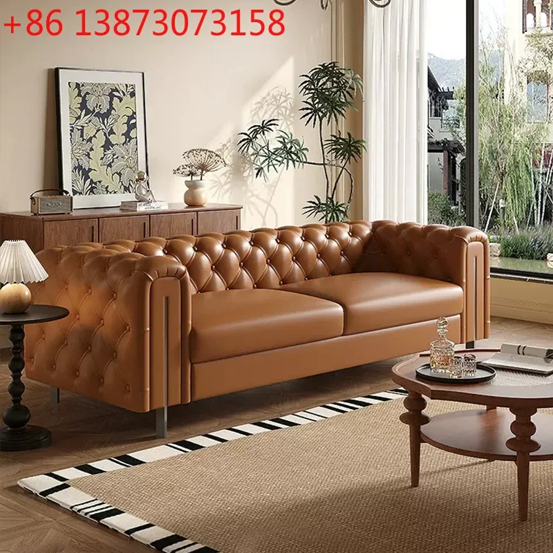 French retro living room caramel color first layer oil wax leather straight row medieval cream style classic pull-up sofa