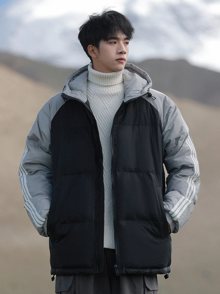 

Мужская зимняя куртка большого размера в полоску, свободного кроя, теплая, модная, из полиэстера, с капюшоном и молнией