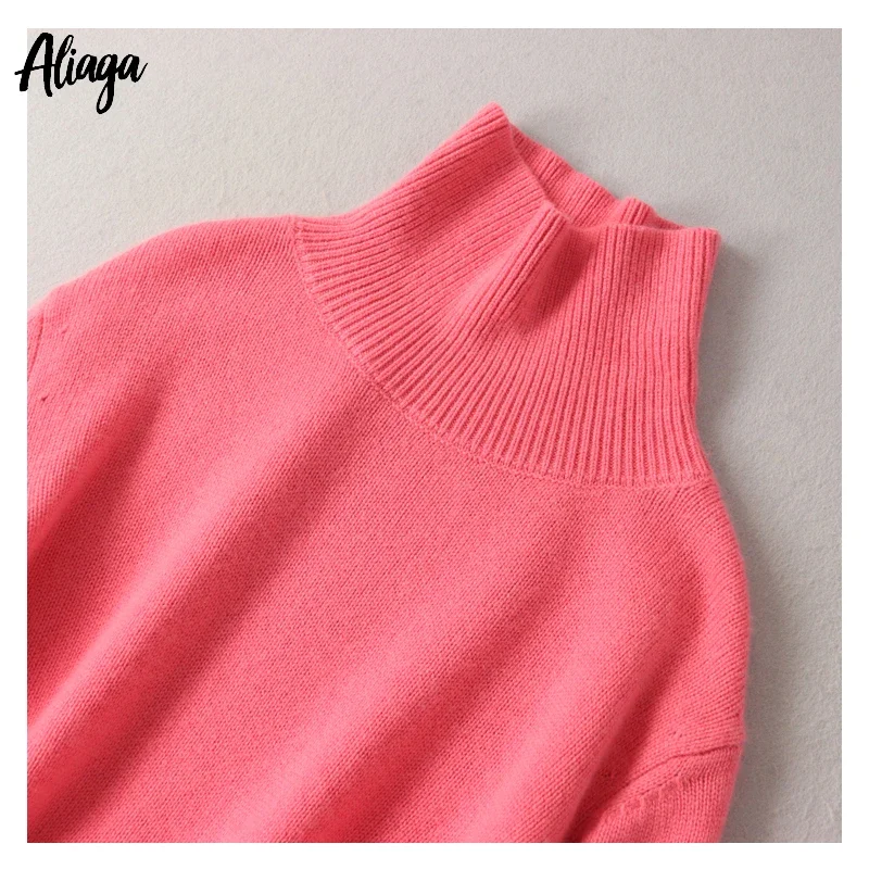 Aliaga Brand Fashion Winter Warm Women Sweater 100% Cashmere Sweater Turtleneck Knit Ladies Hot Pink Thick Oversized Pullovers