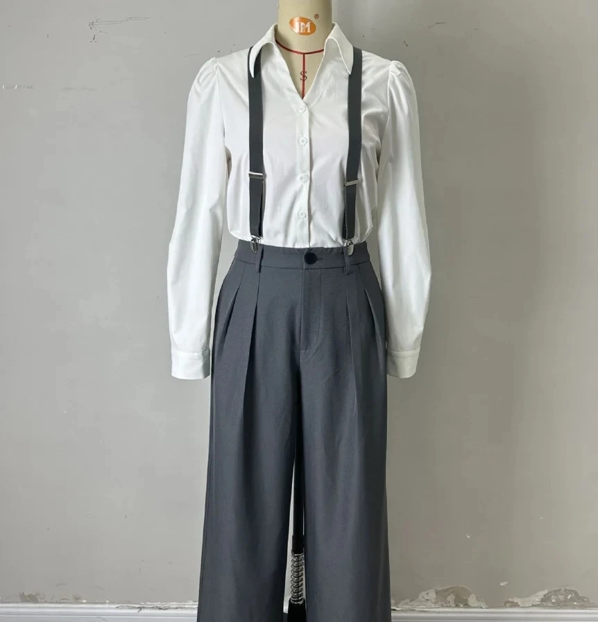 

Women's Fashion Two Piece Outfits Temperament Artistic Style White Lapel Long Sleeve Shirt Paired & Gray Overalls Two Piece Set