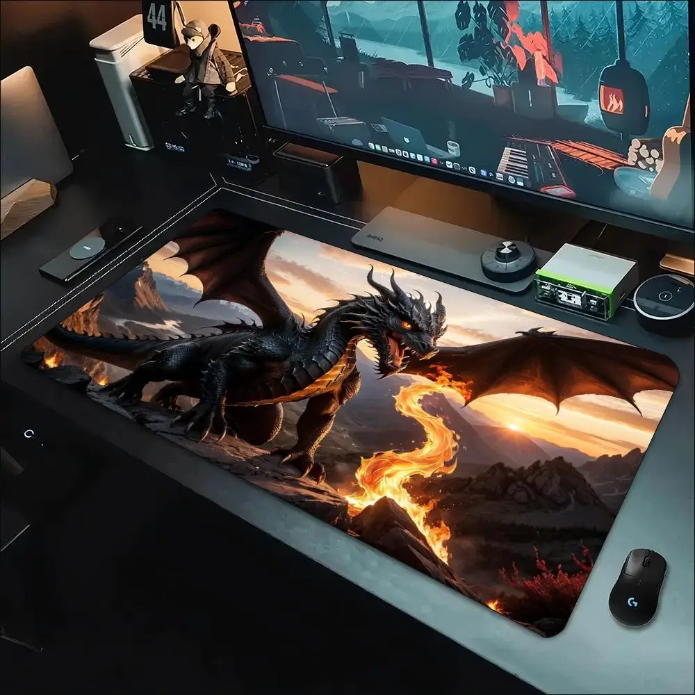 Dark Fantasy Dragon Gaming Mouse Pad Non‑Slip Rubber Desk Mat Blood Moon Mountain Mythical Creature Art For Laptop PC Gaming