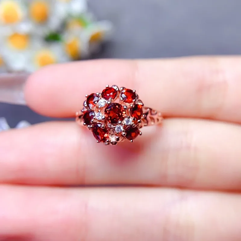 Brilliant Natural Pyrope Garnet Ring VVS Grade Garnet Silver Ring with 3 Layer 18K Gold Plated Gemstone Jewelry