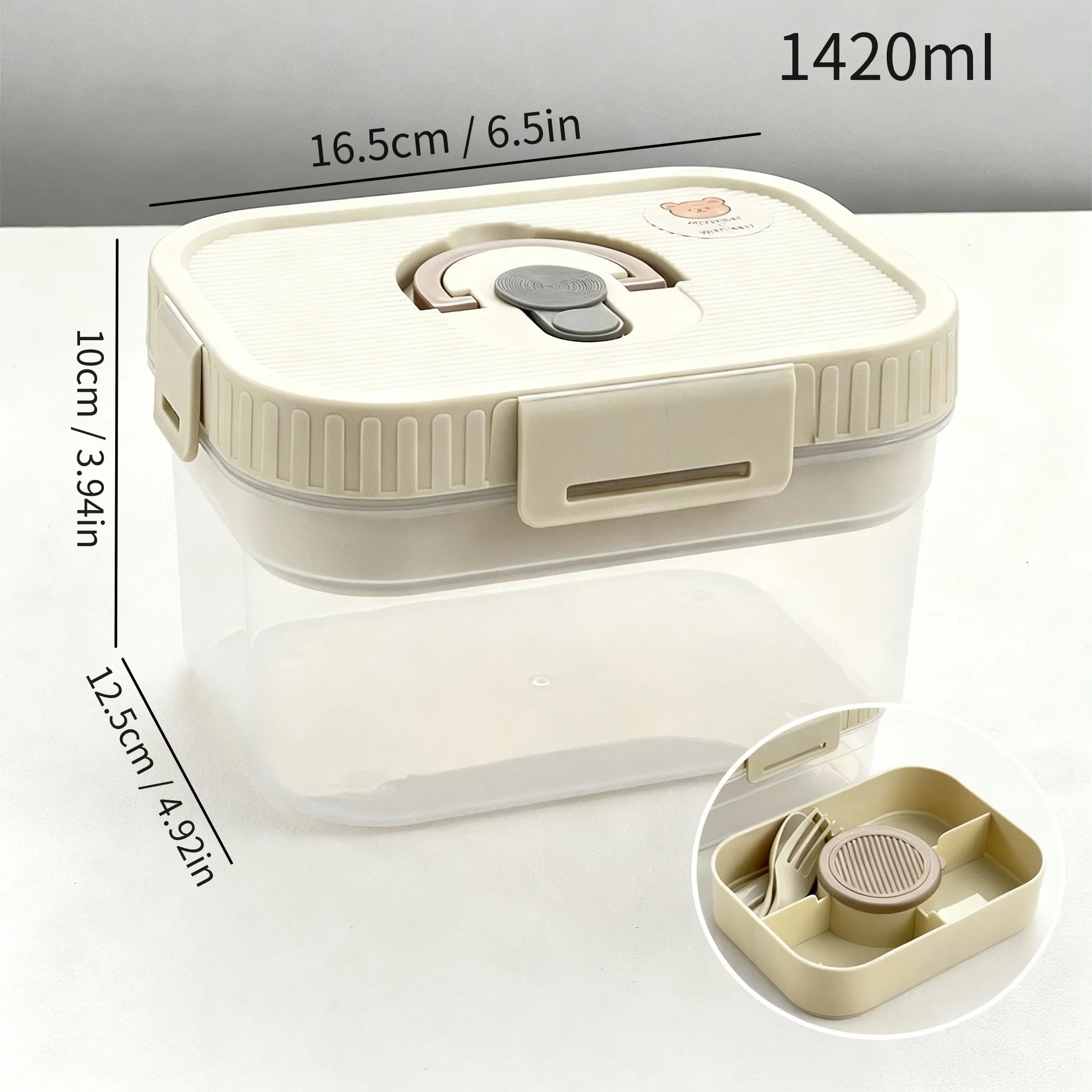 Draagbare, dubbele lunchbox van kunststof met vakken, inclusief sausbakje en bestek, groot volume, geschikt voor fruit, salades en andere voedingsmiddelen, en magnetronbestendig.