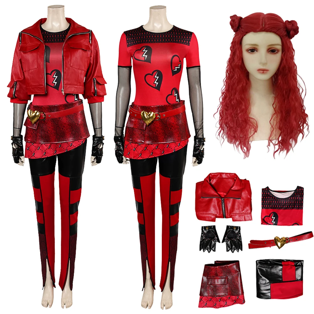 Rot Cosplay Fantasia Perücke Mantel Descendants Cosplay Kostüm Verkleidung Für Weibliche Frauen Erwachsene Halloween Karneval Party Anzug