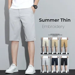 New Embroidery Casual Thin Shorts Men Summer Straight Elastic Business Fashion Short Pants Male Brand Khaki Beige Black Navy