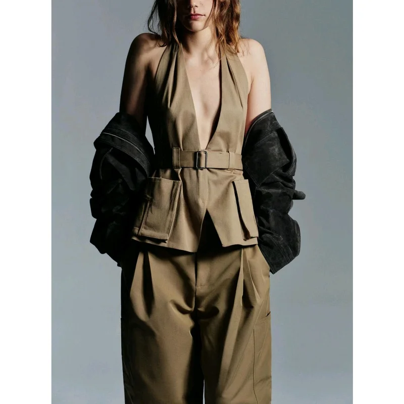 New Autumn Women's Metal Bule Waist Belt Flip Cover Chest ket Hanging Ne Collar Top Casual Sle Polyester Fiber