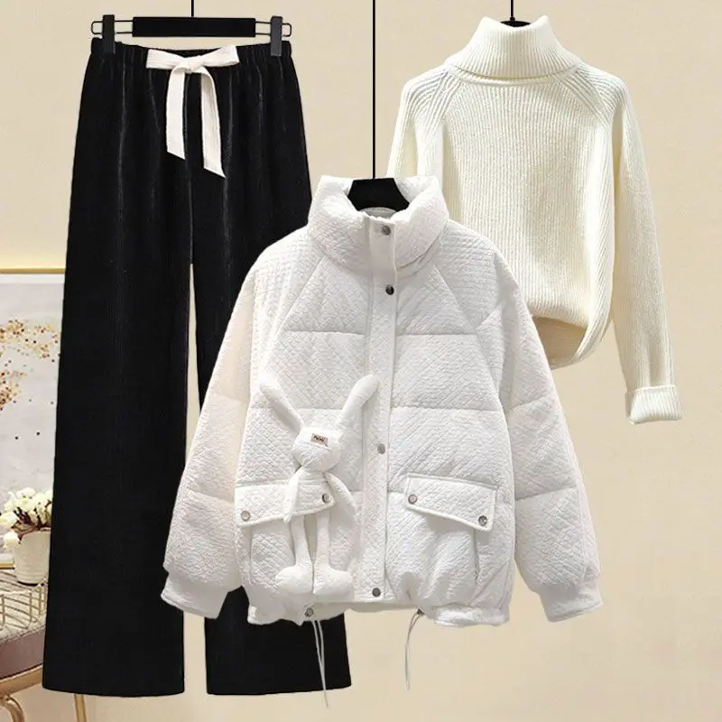 Winter Set Women\'s Korean Edition Wearing Cute Little Rabbit Pink Cotton Coat Wide Leg Pants Sweater Three Piece Set pant sets