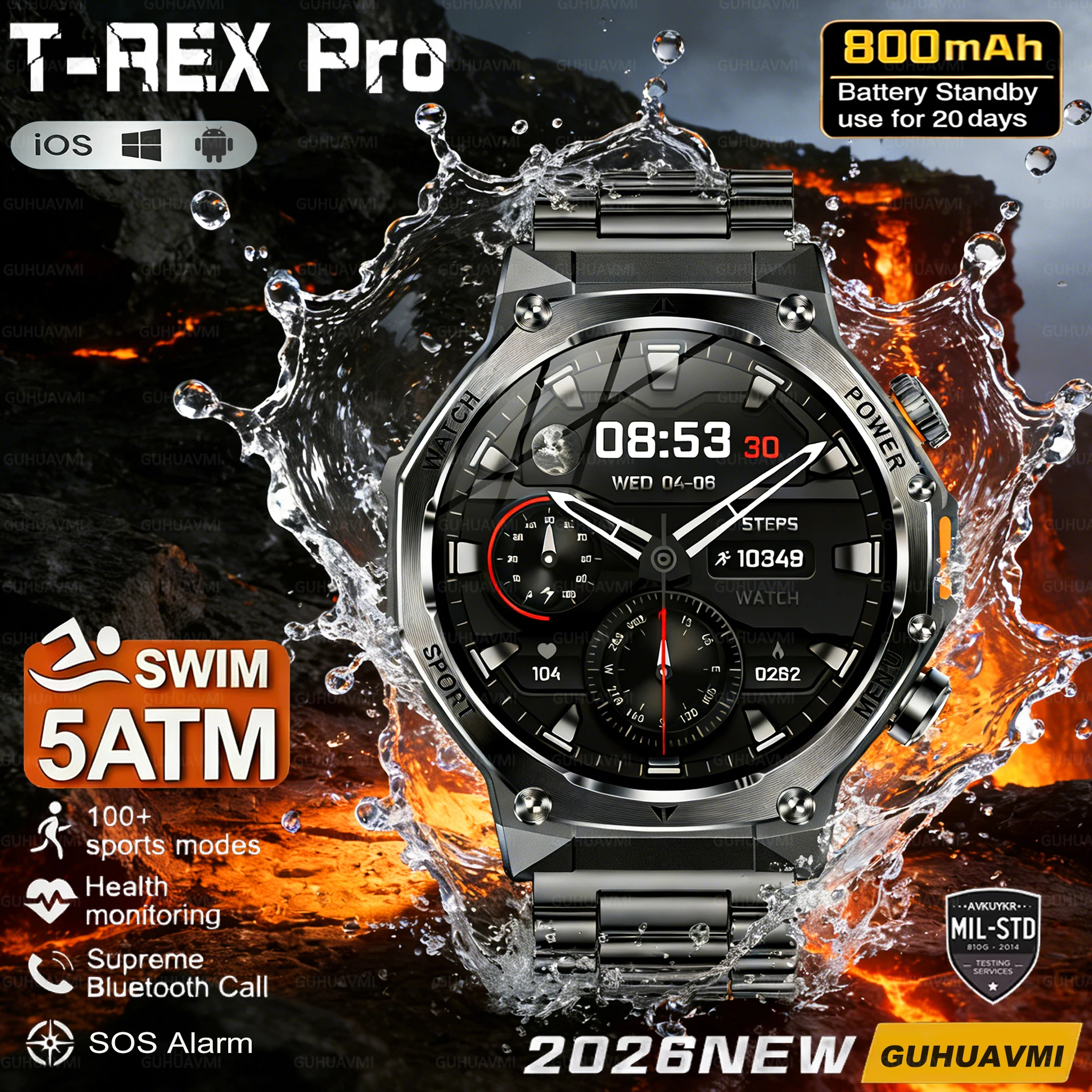 

Новые смарт-часы 2026 года военного класса для мужчин, водонепроницаемость 5ATM, LED-фонарик, HD-экран 1,8 дюйма, спортивные функции, звонки по Bluetooth, аккумулятор 800 мАч