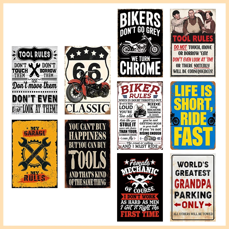 Retro Werkzeugregeln & Opa-Parkplatz Metallschild, Rustikale Garagenwanddekoration für Männerhöhle Schlafzimmer, Vintage Biker Wandkunst Schickes Geschenk