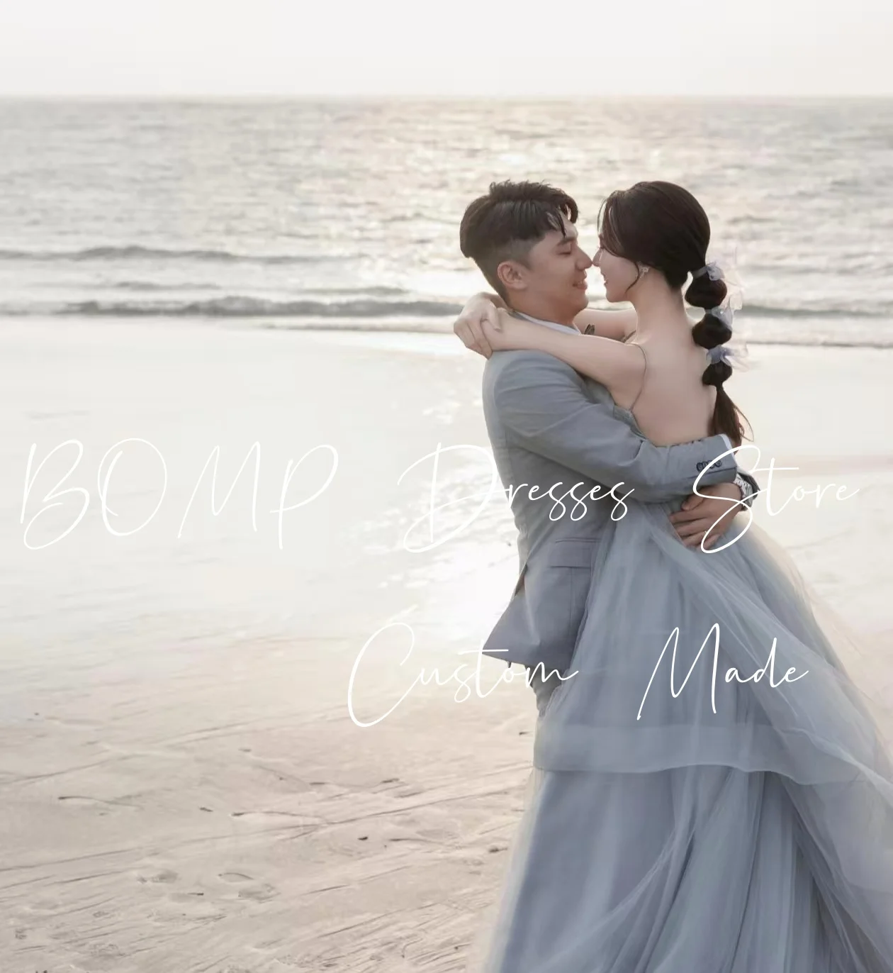 BOMP 우아한 블루 웨딩 드레스 스파게티 스트랩 백리스 바닥 길이 Tulle Korea 사진 촬영 신부 리셉션 가운 맞춤형