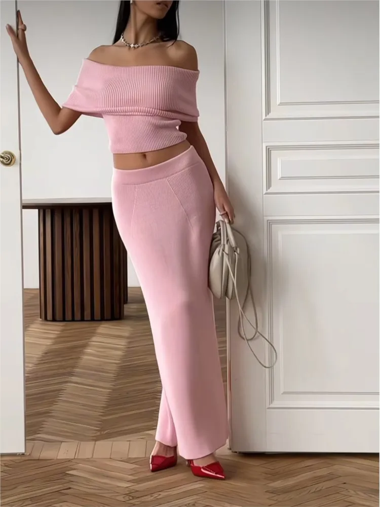 

Slash Neck Crop Top And Long Skirt New Matching Sets Cotton Blend Vacation Beach Spring Summer Outfits Knit Elegant Women Sets