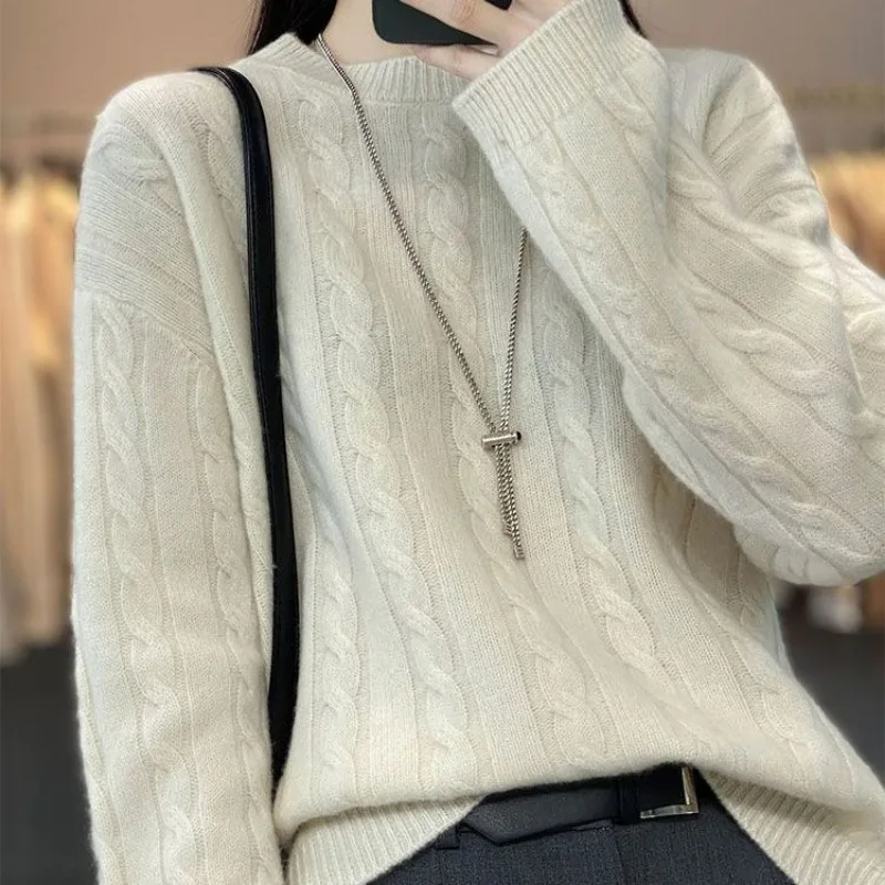 

Pullover Female Autumn and Winter Pure Woolen Sweater Women Round Neck Long Sleeve Knitwear Loose and Versatile Pullover Sweater