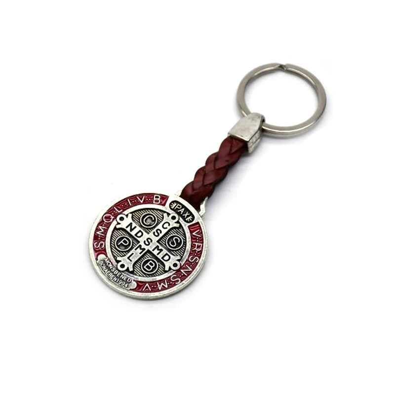 Vintage Saint Benedict PU Leather Keychain, Religious Gift