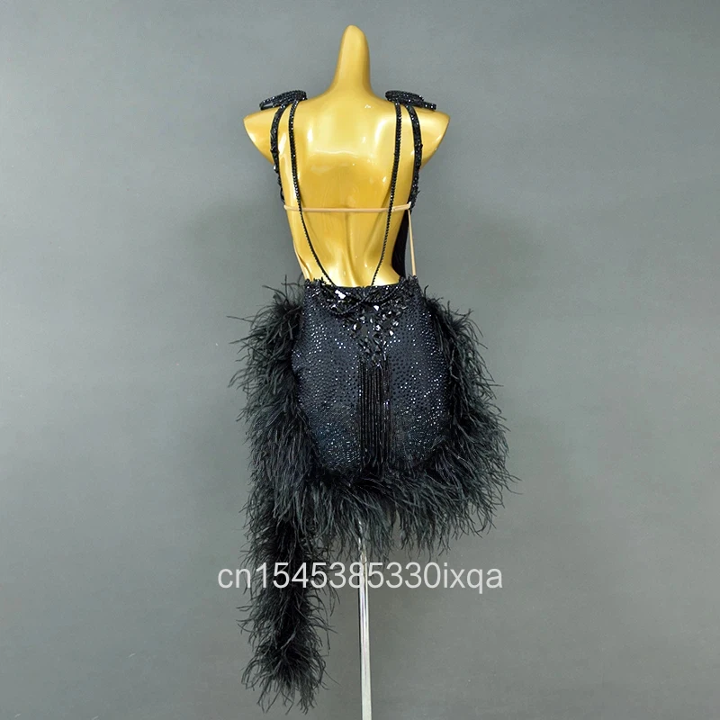 Latin Dance Competition Dresses Customized Senior AB Stones Feather Dress Adult and Child Performance Costume Customizable