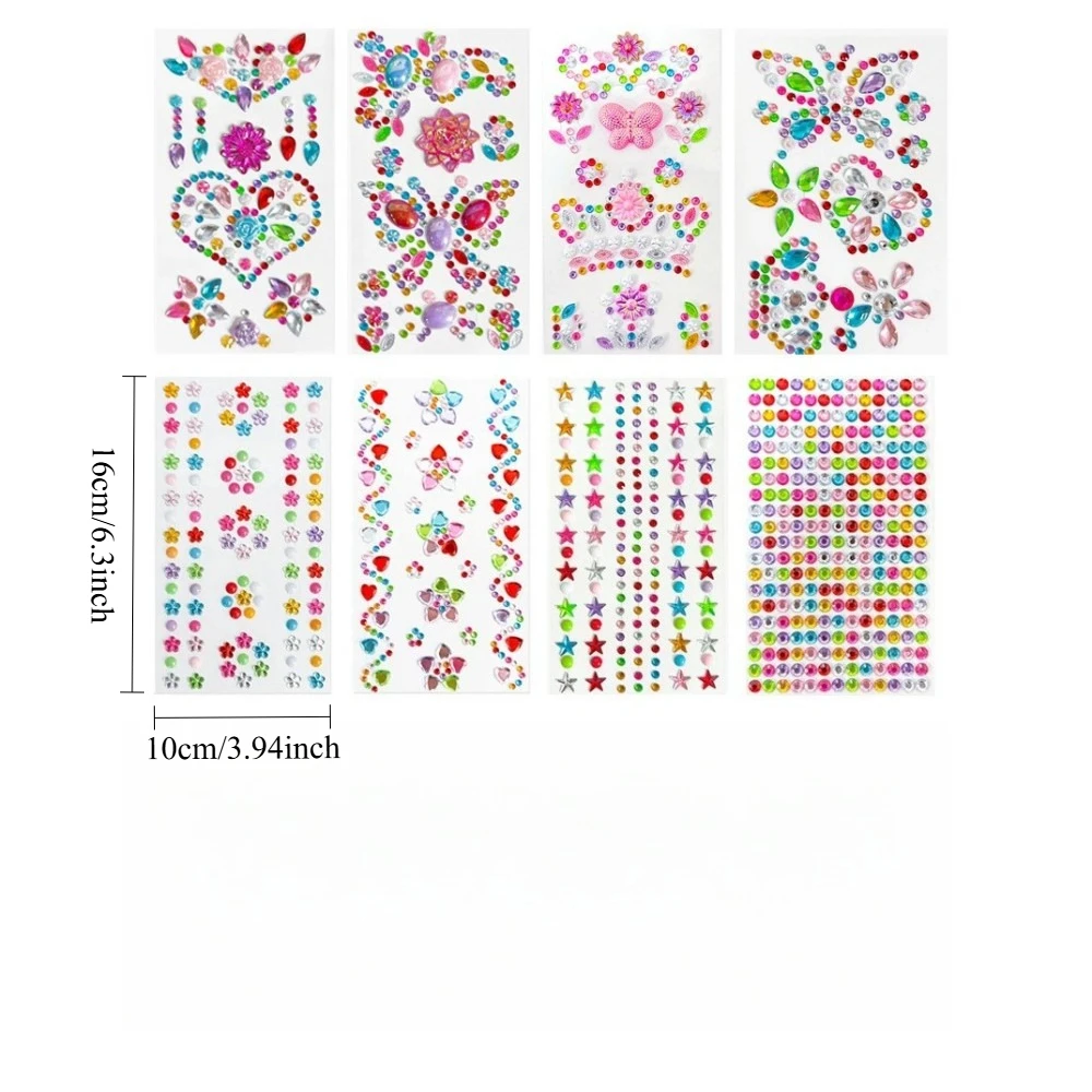 7/8 Blatt Edelstein-Aufkleber, Strasssteine zum Basteln, funkelnde süße kleine Aufkleber, glitzernde Juwelen-Aufkleber für Gesicht, Augen, Körper, Make-up, DIY