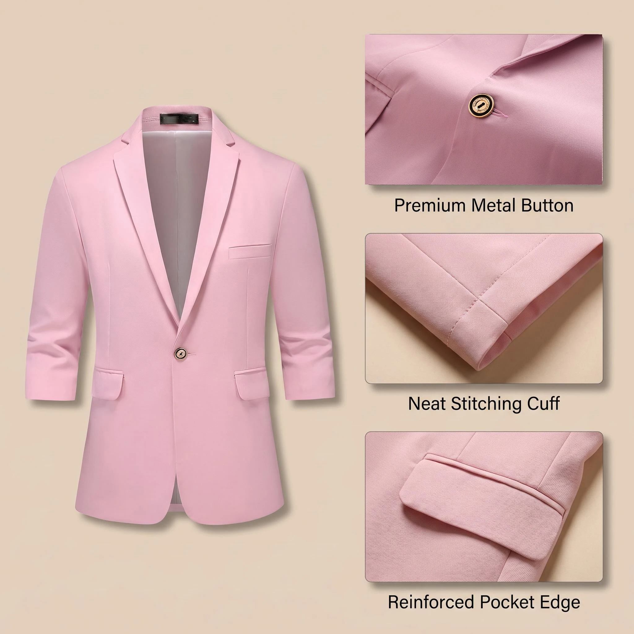 Men's Casual Seven-Quarter Sleeve Pink Suit Summer Leisure Fashionable Top with Pants Included