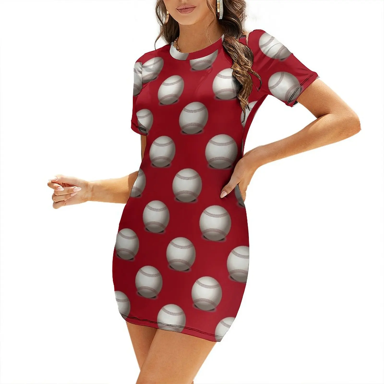 

Baseballs on Red Background Short Sleeved Dress elegant dresses plus sizes Clothing Dress