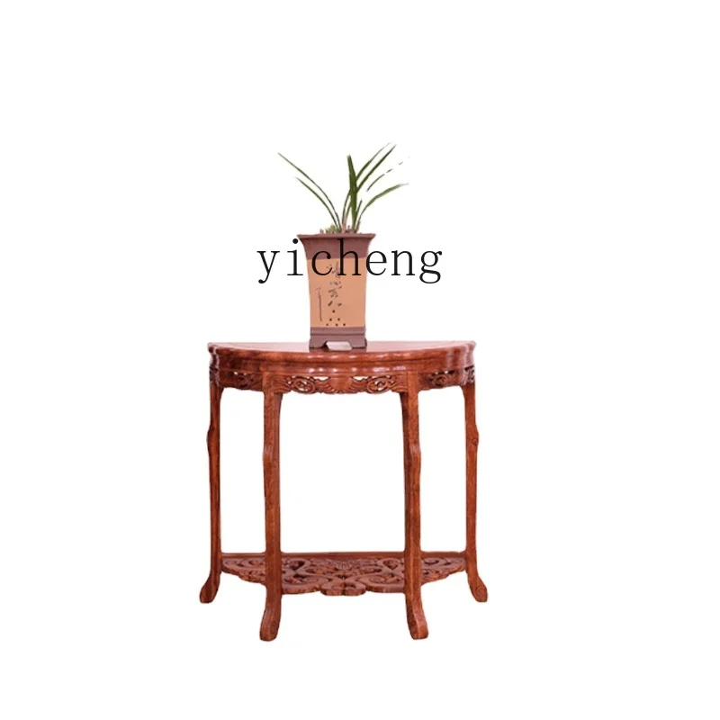 

Zc Solid Wood Mahogany Flower Stand Living Room Stone Head Bonsai Several Rosewood Half-Side Table round Table