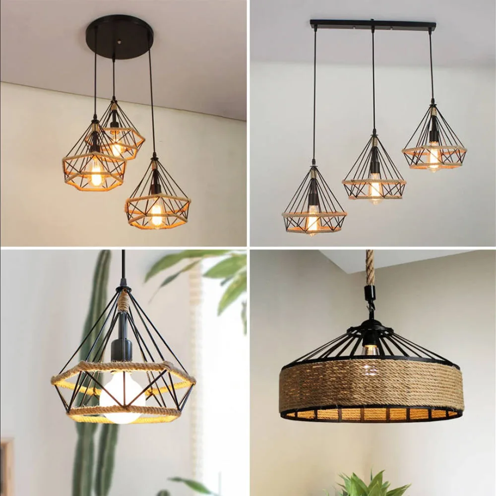 

Vintage Hemp Rope Pendant Light Retro Loft Industrial Lighting Hanging Lamp Chandeliers Home Living Room Kitchen Decor Lampshade