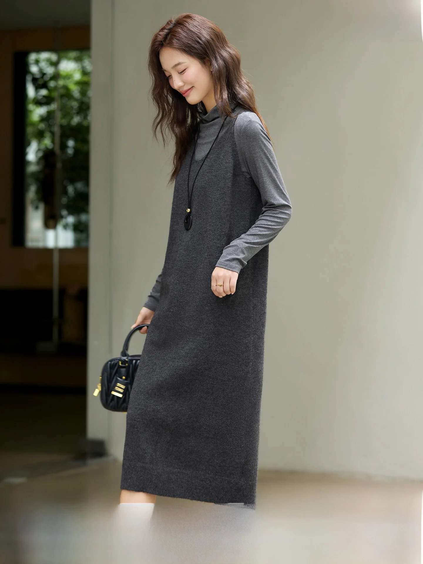 

Gray Series Women's High Collar Base Shirt Dress Two-Piece Set Long Sleeve Hoodie Style Casual Fashion Autumn Collection
