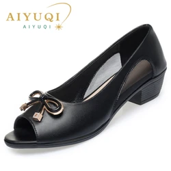 AIYUQI Summer Sandals Women Wedges 2024 New Genuine Leather Mom Sandals Fish Mouth Mid-heel Large Size Women's Sandals