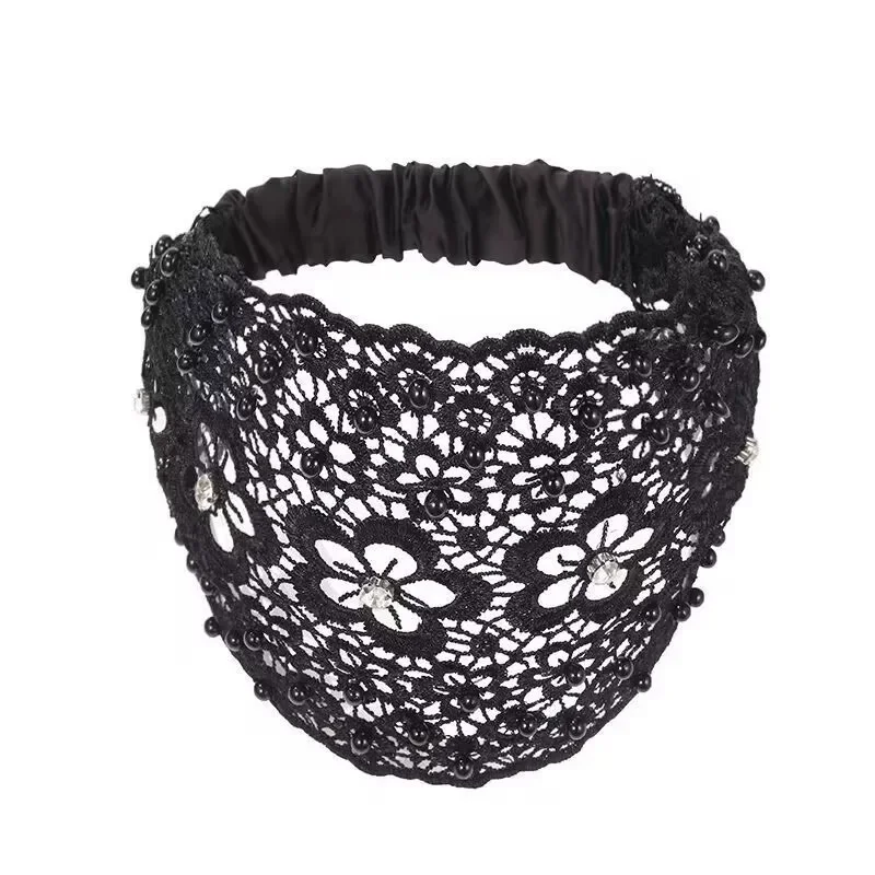 Hollow-Out Plum Blossom Beaded Headband, Elegant Wide-Brim Hair Band Covering White Hair