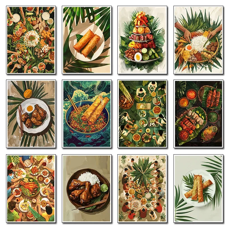 Multiple sizes 1pc frameless Canvas Painting,The Philippines Street Food Fried Spring Roll Chicken drumstick Rrice Art Posters C