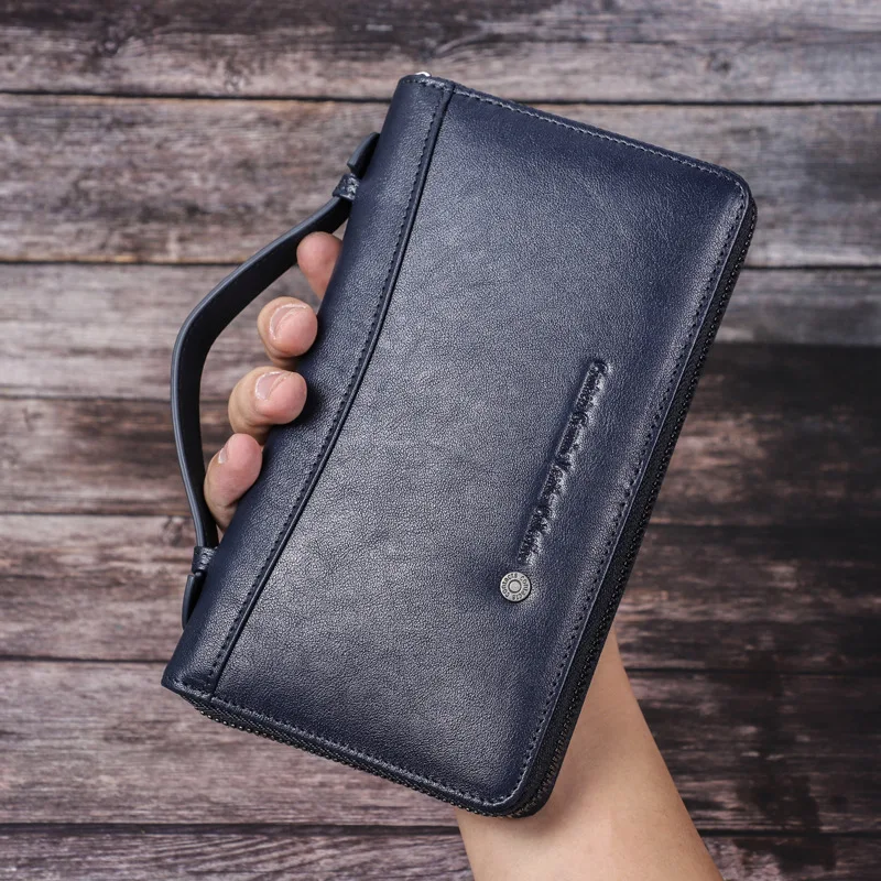 HTS-M1246 Long Top Layer Cowhide Men's Wallet with Multifunctional Large Capacity Zipper and Genuine Leather Business Handbag