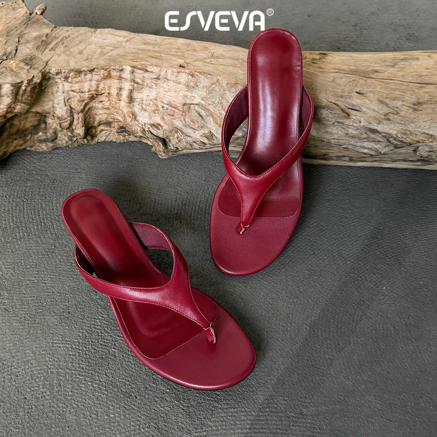 ESVEVA 2026 Fashion Women Summer Sandals Shoes Genuine Leather Slingback Pumps Mid Heels Flip-flops Shoes Slippers Dress 34-40