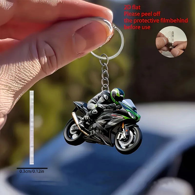 2/1 Motorcycle Rider 2D Flat Acrylic Keychain - With Helmet Rider and Motorcycle Design, A Gift for Male Motorcycle Enthusiasts