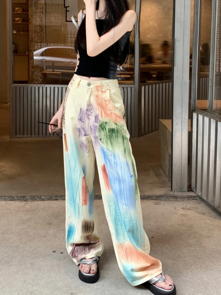 Baggy Jeans Women Coloured Drawing Summer New Vintage Trendy Design Simple American Style High Waist Casual Straight Trousers