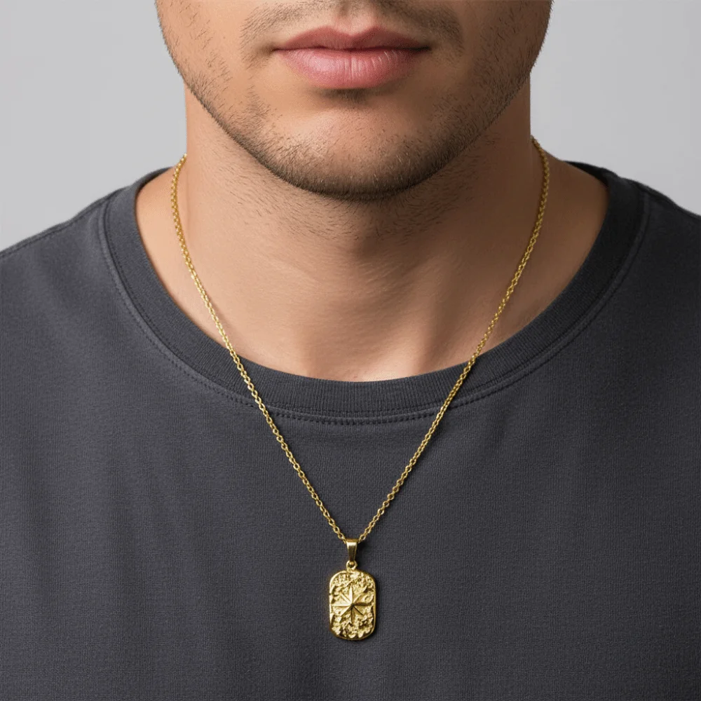 Hammered Finish Stainless Steel Pendant Necklace Silver Color Non Fading Compass Pendant Necklace With Chain