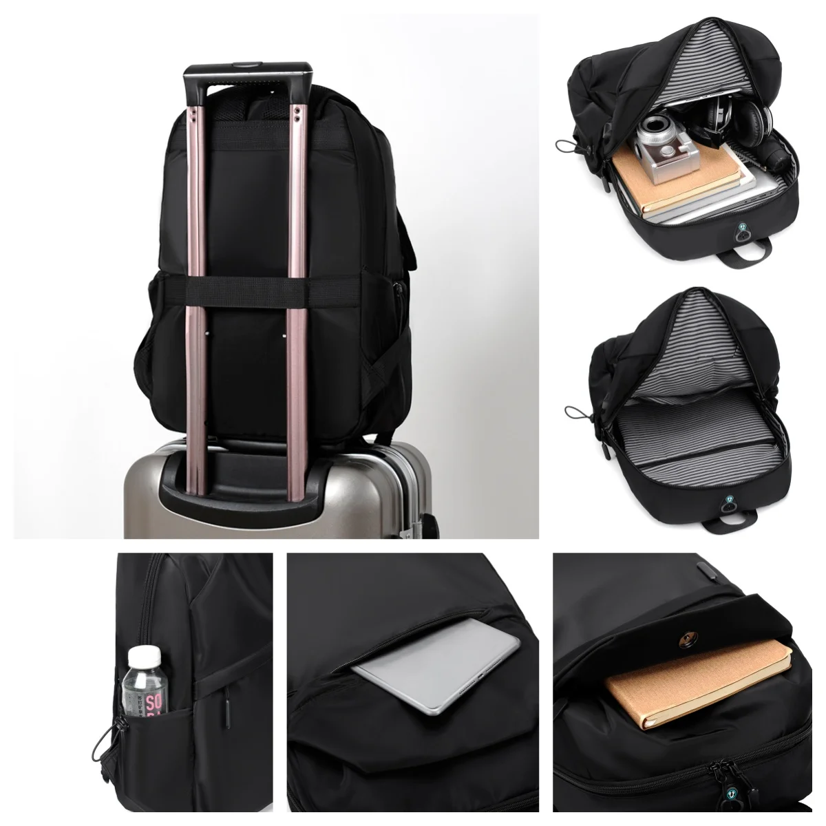 حقيبة ظهر للركاب مقاس 14 بوصة، حقيبة ظهر رجال الأعمال البسيطة، قماش أكسفورد، حقيبة ظهر خفيفة الوزن للطلاب، منفذ USB خارجي #5