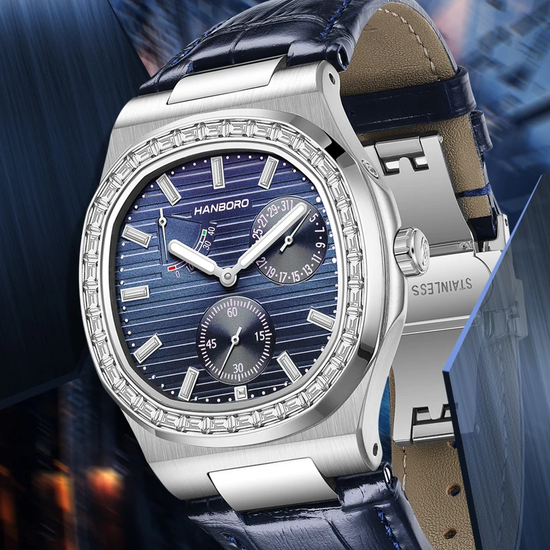 HANBORO Men Automatic Watch 38mm Square Mechanical Wristwatch 5ATM Luminous Sapphire Power Reserve & Date Dial Tianjin1780