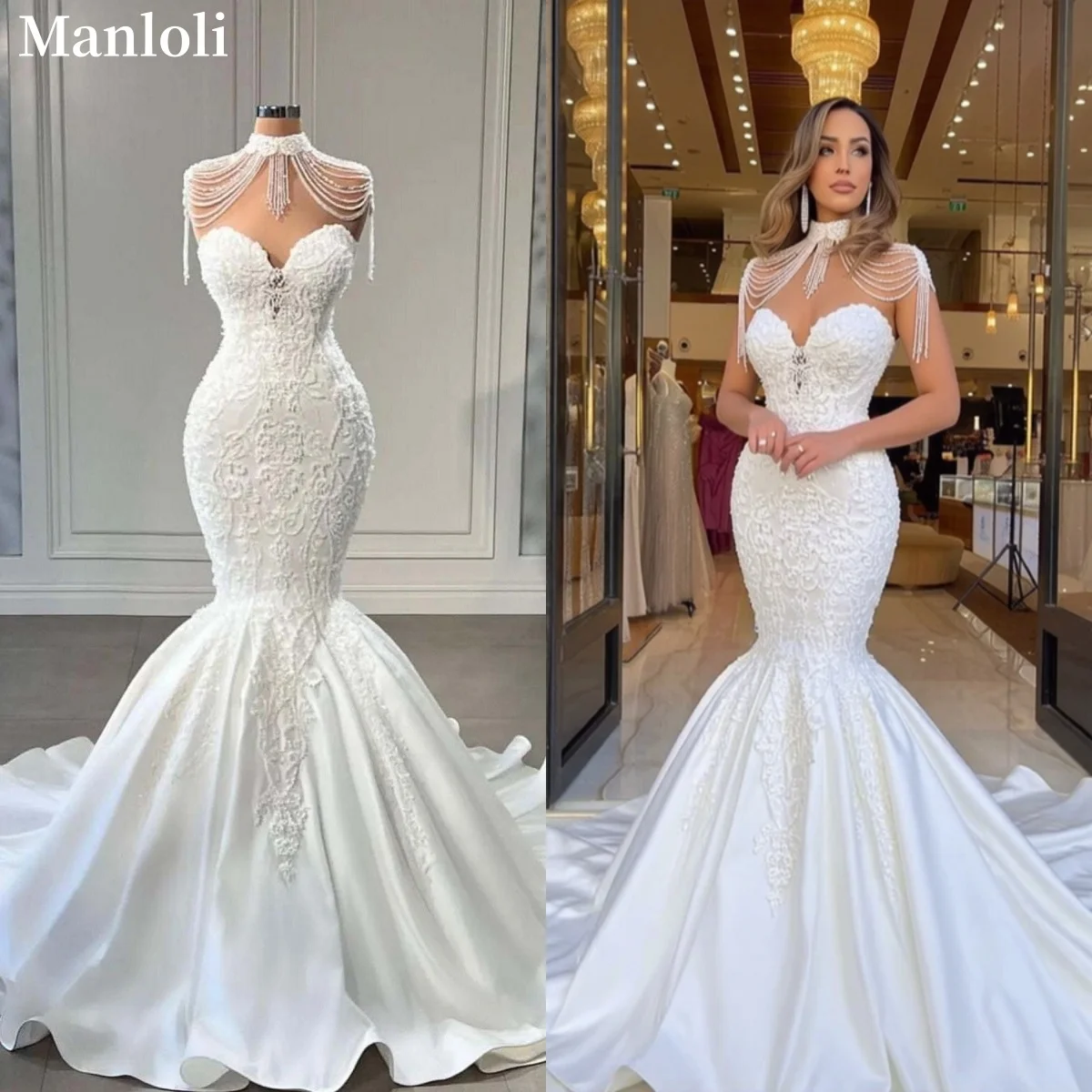 2026 Luxury Mermaid Wedding dress Lace High Collar Pearl Bridal Dress Satin Small Bridal Dress Detachable Cape Customized