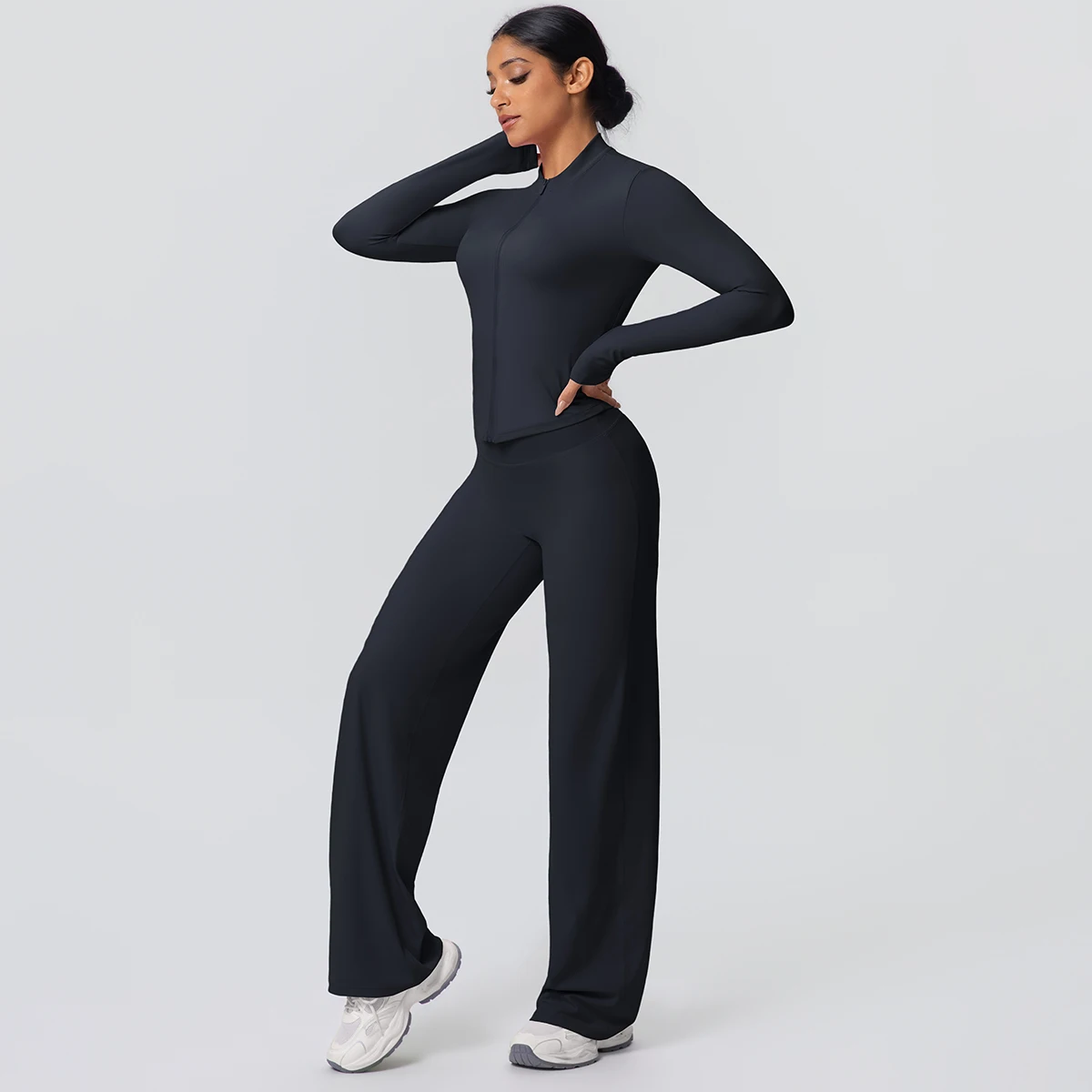 2 stück Schnell Trocknend Sport Fitness Kleidung Yoga Set Frauen Yoga Zipper Lange Ärmel Hohe Taille Atmungsaktive Breite Bein Hosen set – Detail 15