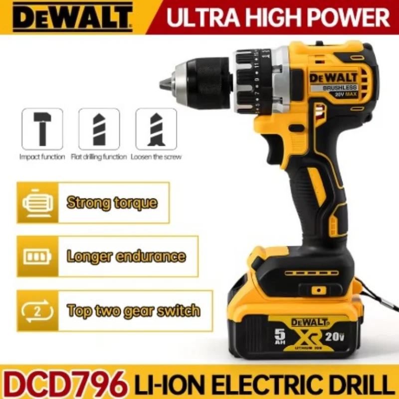

DEWALT DCD796 Compact Cordless Brushless Impact Drill 20V Battery Multi-functional Electric Power Tool with LED Light