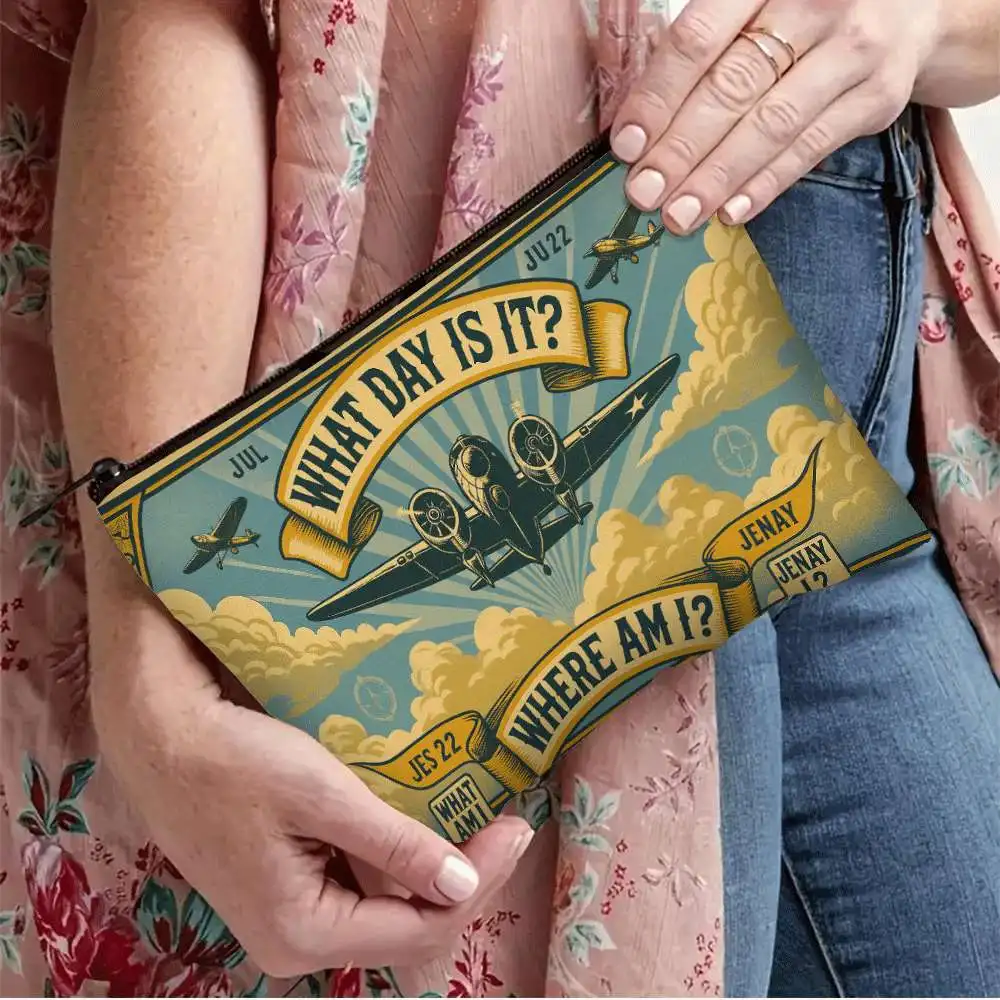 Vintage Airplane Print Washbag Double Sided Aviation Themed Cosmetic Travel Organizer Durable Zipper Lightweight Foldable Bag