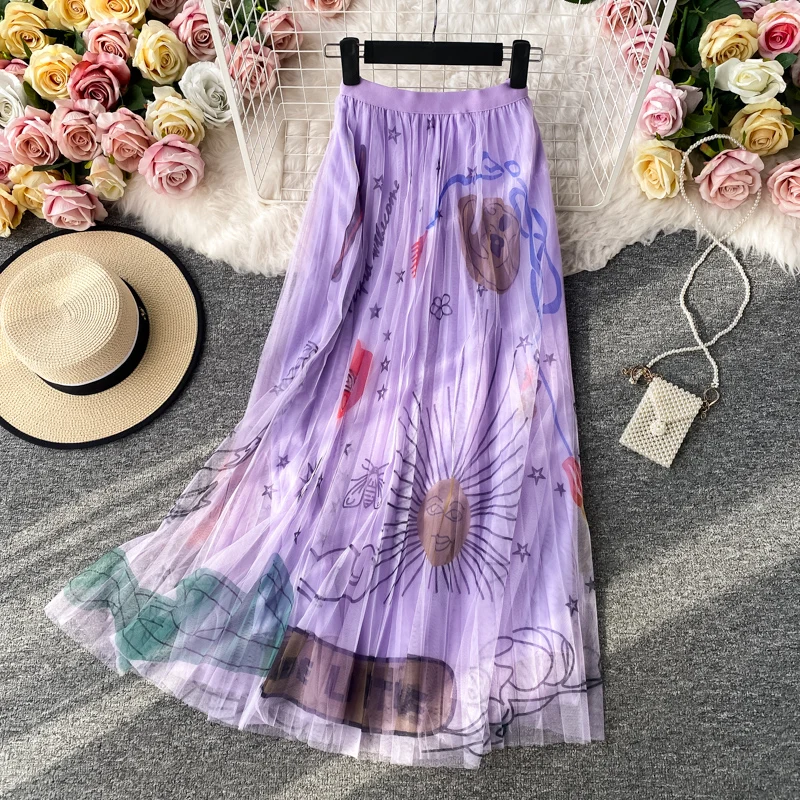 OCEANLOVE 2023 High Waist Skirts Women Print Mesh A-line All Match Mujer Faldas Korean Vintage Fashion Long Skirt Clothing 17449