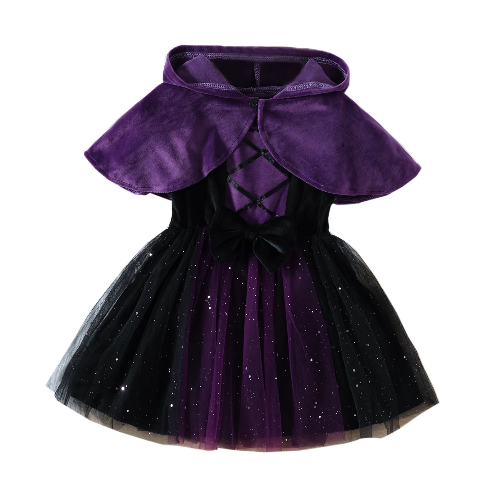 

MINISO Halloween Costume Girls Silver Fox Velvet Hooded Cloak Mesh Vest Dress 2Pcs Autumn Holiday Outfit Party Clothes 3-8 Years