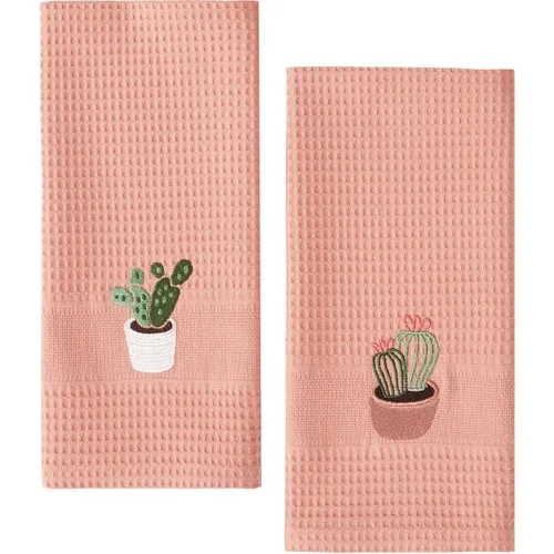 Your Upline 2'li Tea Towel Cactus Embroidered Salmon 50x70 cm Drying Cloth Set