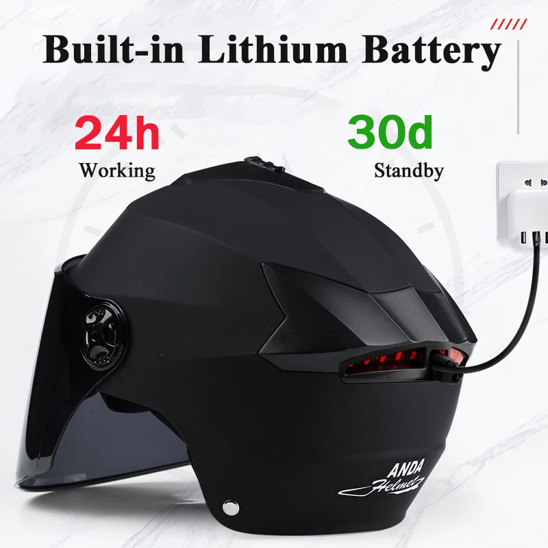 AD Motorcycle Helmets for Men Double Lens Bicycle Vehicle Scooter Half Helmet Cycling LED Lightweight Moto Bike Safety Cap