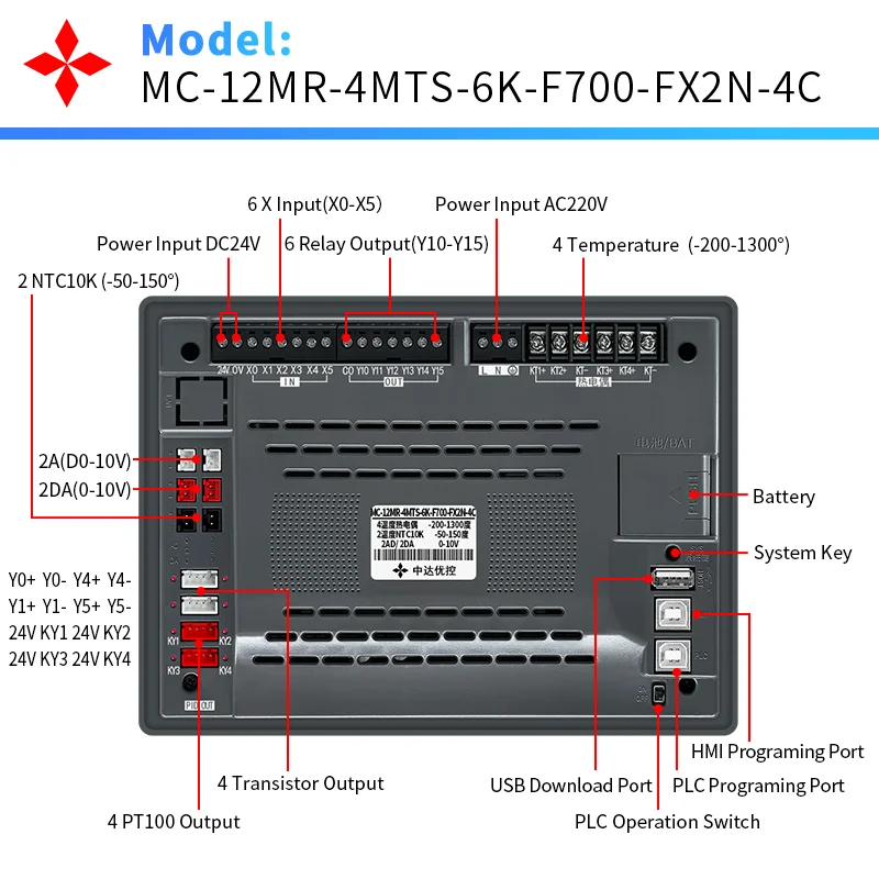 YKHMI 7 بوصة PLC HMI وحدة تحكم منطقية متكاملة الكل في واحد، 4 مسبار PT100 / K مع 2AD 2DA، 6In 6Out، 2 نبض عالي السرعة 100K