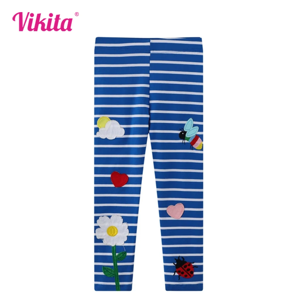 

VIKITA 2025 New Summer Kids Pants Gift Kids Flower Heart Shape Cartoon Appliqued Striped Skinny Cotton Leggings Trousers Pants
