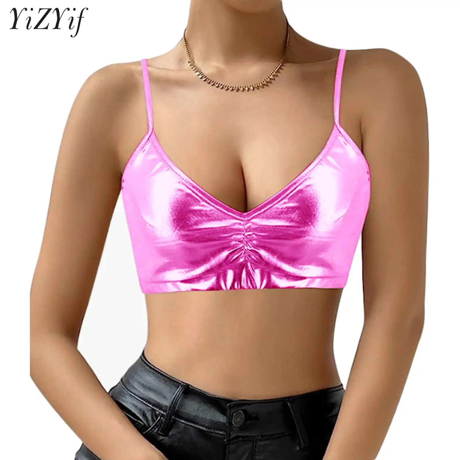 Metallic Shiny Women Fashion Deep V Neck Camisole Lady Patent Leather Spaghetti Straps Crop Top for Rave Party Carnival Festival