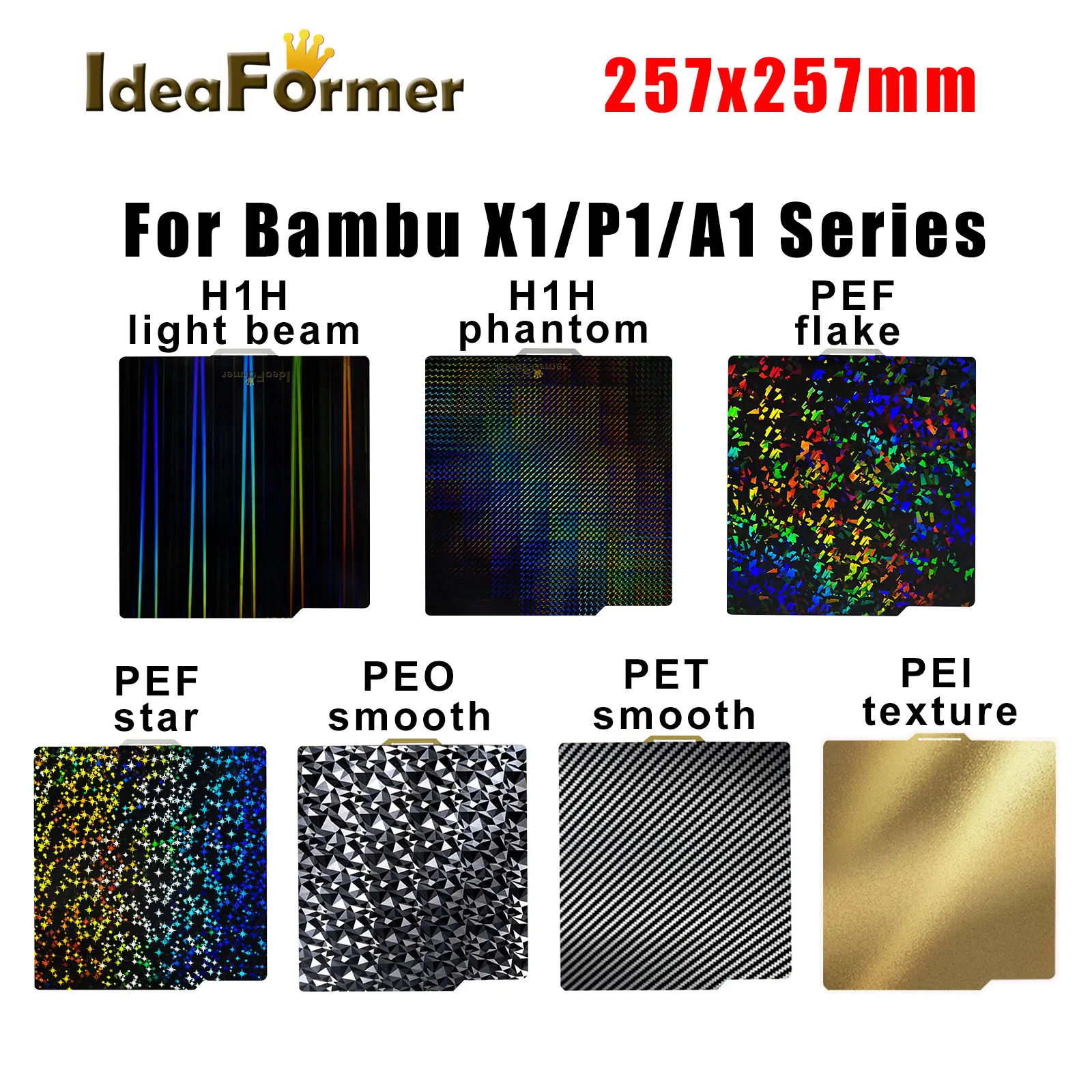 Bamboo Labs Construir Placa, feixe de luz, PEY PEO PET PEI PEF Texturizado, Suave para Bamboo Lab X1 Carbono Impressora 3D P1s A1, 257x257 H1H