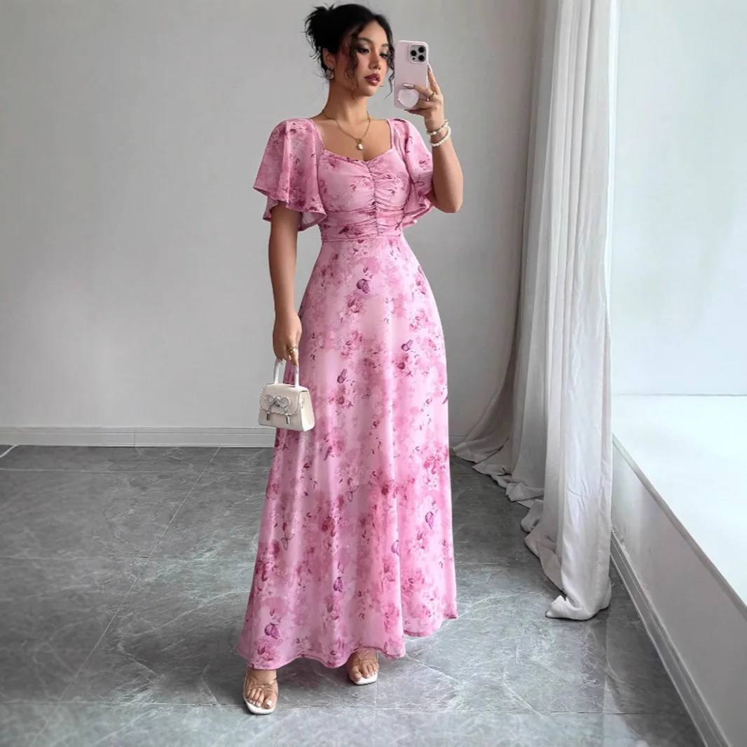

New summer European and American style dress with ruffled sleeves, printed, slim fit, elegant temperament