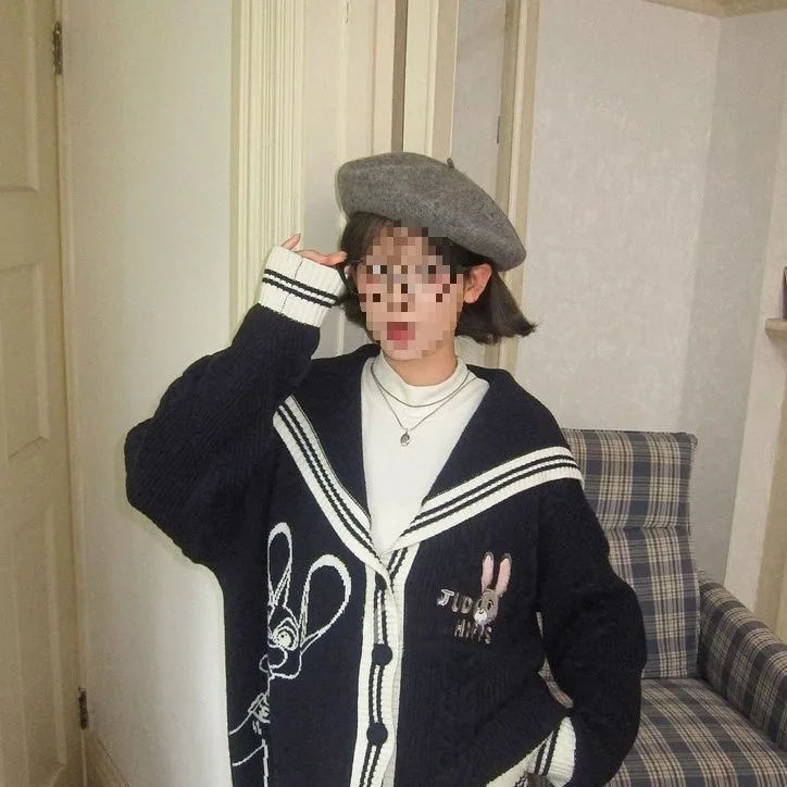 

College Knitted Cardigan Knitted Sweater Forest Women's Coat Loose Navy Collar Top