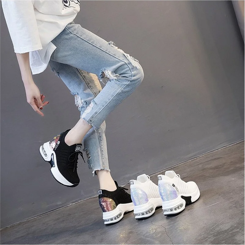 2022 New Women\'s Mesh Invisible Heightening Women\'s Wedge Heel Lace-up Sneakers Fashion Color Matching Women\'s Shoes